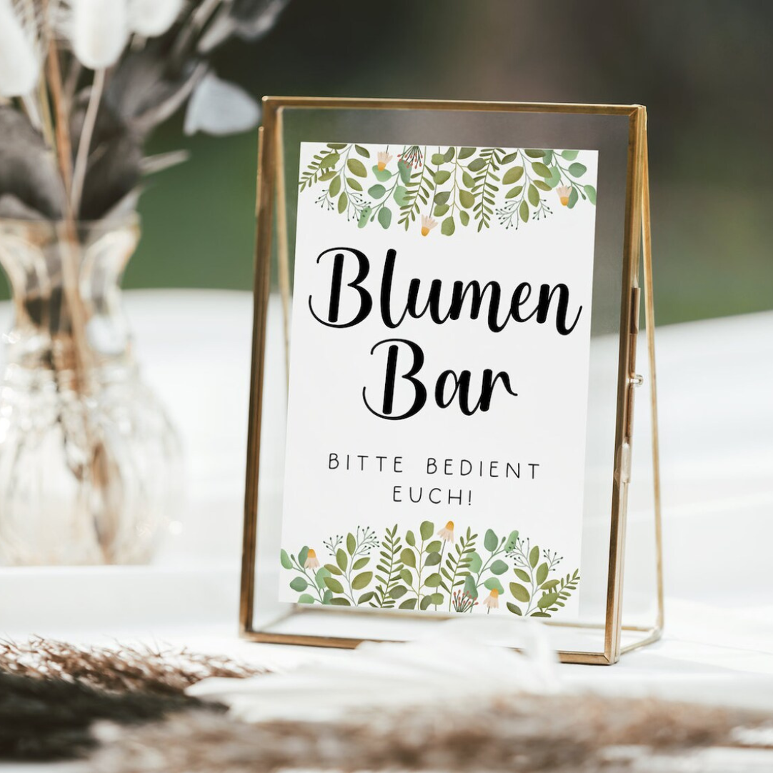 Schild Hochzeit Blumen Bar - Hochzeits-Fächer Deko Schild Blumenkranz