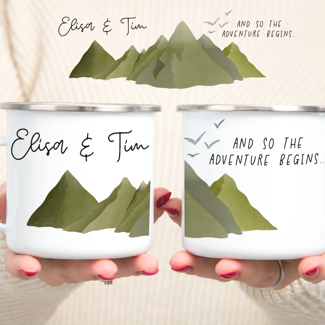 Personalisierte Emaille Tasse Berge Hochzeit - Tasse Berge & Namen