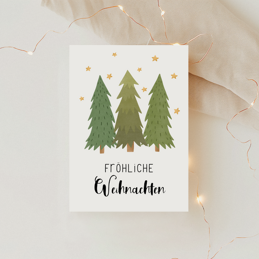 Weihnachtskarte Tannenbaum Winterwald Sterne Grußkarte - Postkarte Weihnachten Bäume