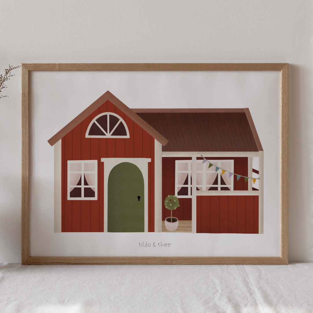 Poster Schweden Haus - Kunstdruck rotes Schwedenhäuschen Skandinavien - Geschenk Einzug