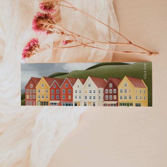 Lesezeichen Norwegen Häuser in Bergen - Bücherwurm Geschenk - Reise Häuserfront Skandinavien