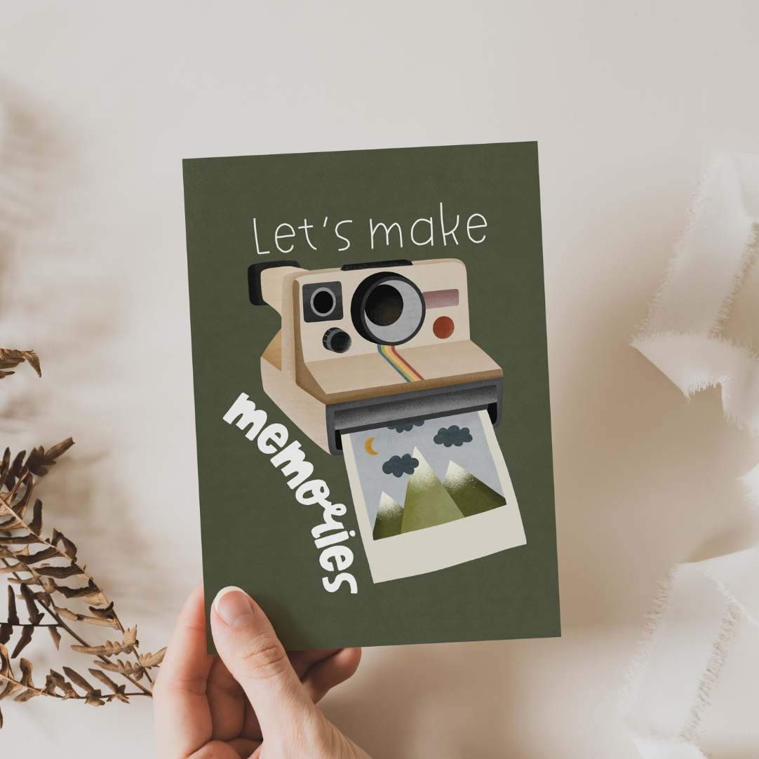 Postkarte Abenteuer Polaroid Kamera - "Let's make memories" Geschenkkarte