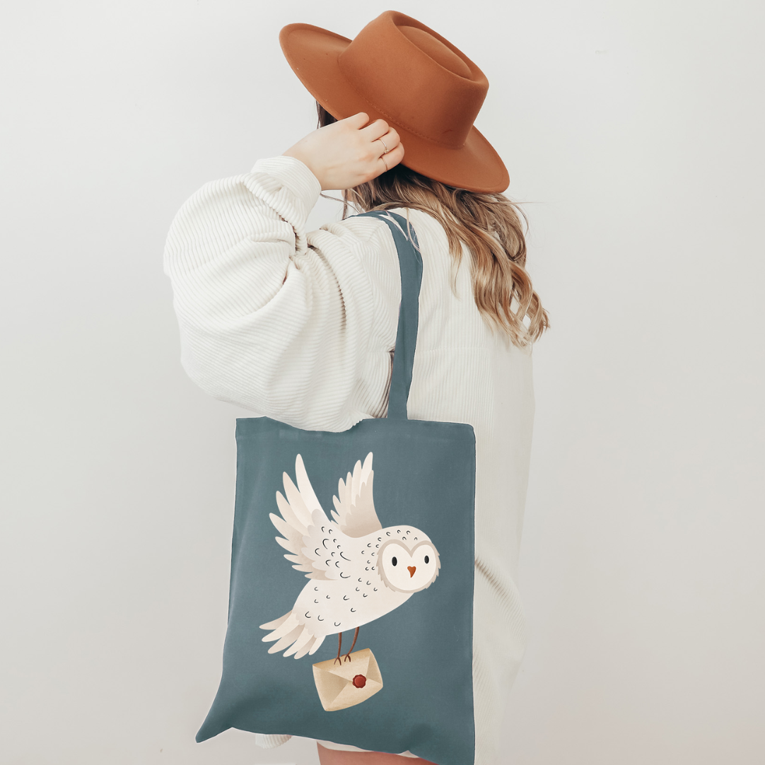 Stofftasche Eule Schneeeule mit Brief Jutebeutel Waldtiere - Bibliothektasche Geschenk Lesen Bücher