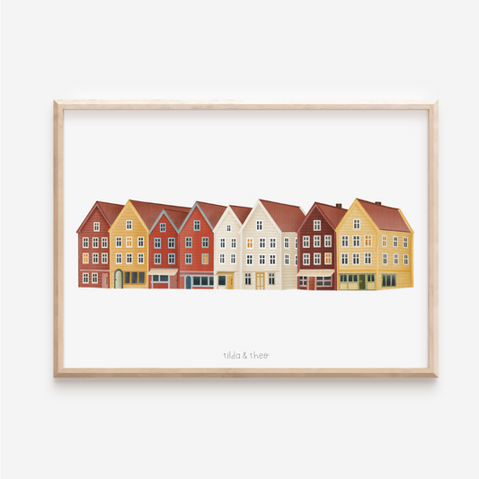 Poster Norwegen Häuser in Bergen - bunte Häuserfront Reise Hygge Haus