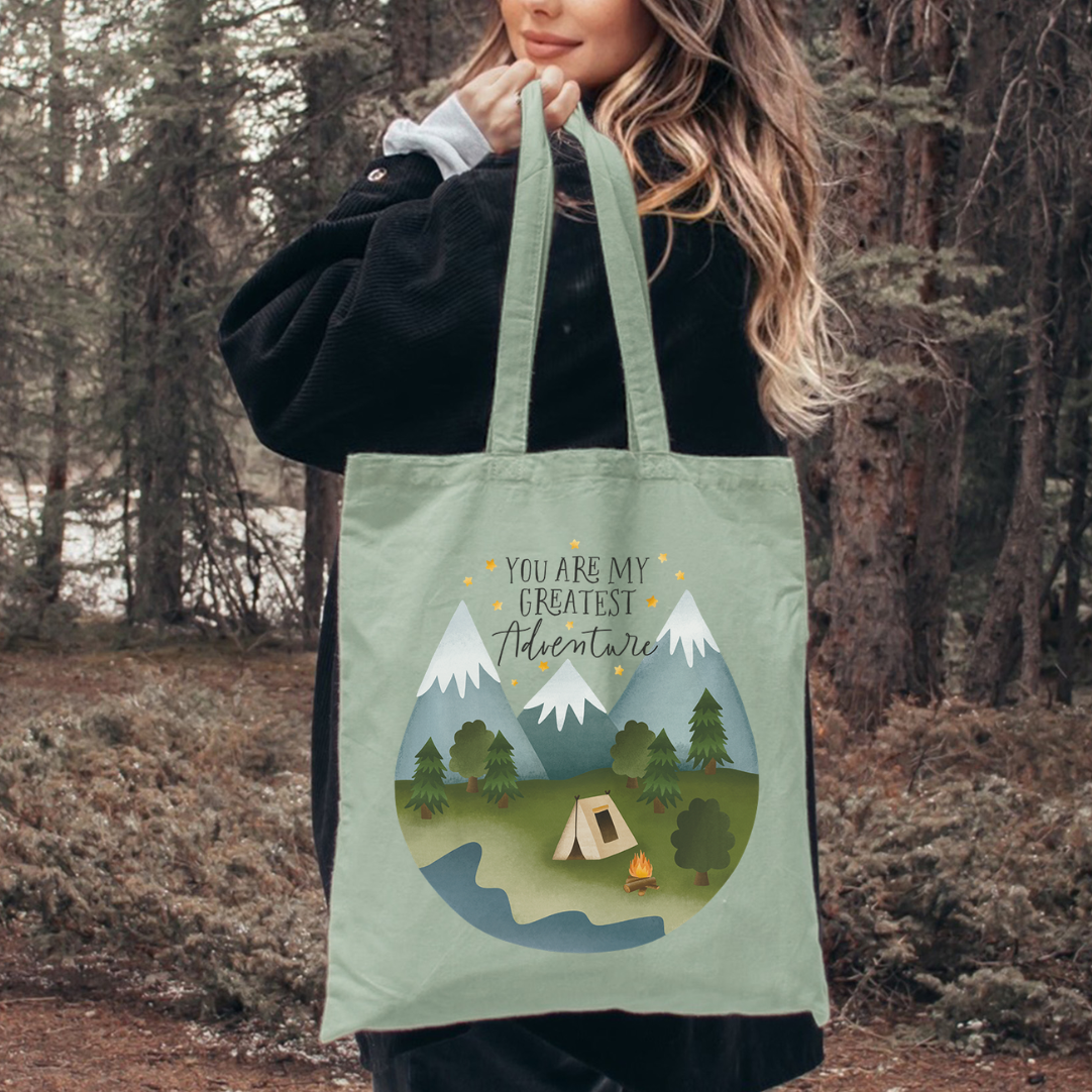 Stofftasche Reise Camping "You Are My Greatest Adventure" Zelt Berge – Geschenk Outdoor Paar Jutetasche