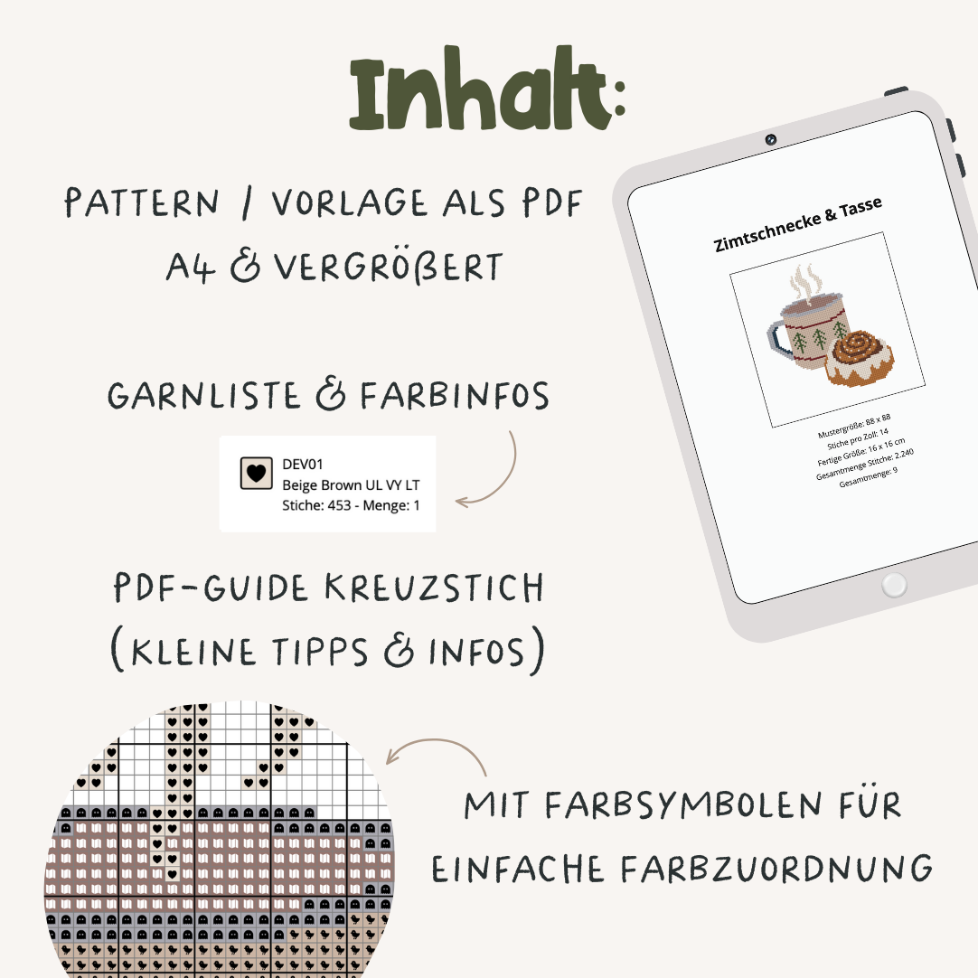 Zimtschnecke Cross Stitch Pattern PDF - Schweden Kanelbulle Hygge Kreuzstich-Vorlage