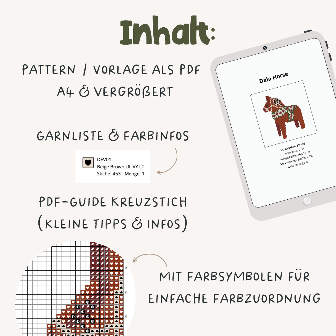 Dala Pferd Cross Stitch Pattern PDF - Schweden Kreuzstich-Vorlage Skandinavien DIY
