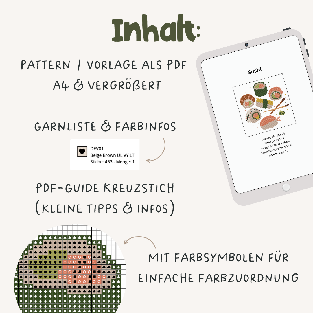 Sushi Cross Stitch Pattern PDF - Nigiri Sushi Kreuzstich-Vorlage Japan