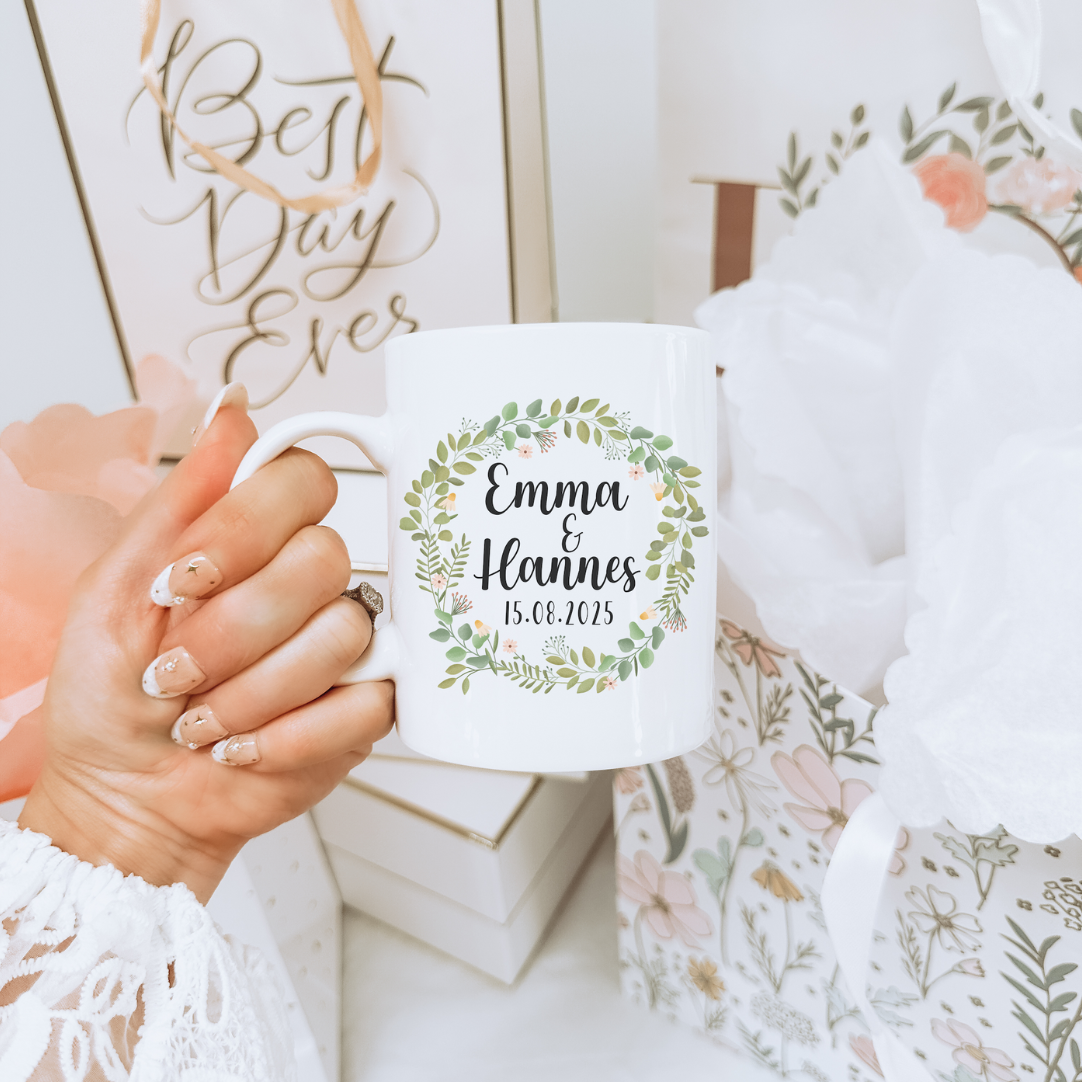 Tasse Hochzeit Eukalyptus - Personalisierte Emaille Tasse Hochzeit Eukalyptuskranz