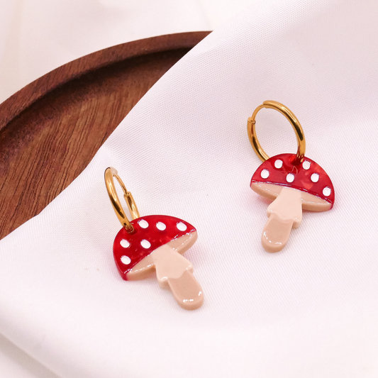 Ohrringe Pilz Fliegenpilz Creolen - 18k vergoldet Fliegenpilz Wald Pilze Anhänger - leichte Ohrringe Pilze rot - Geschenkidee Ohrringe