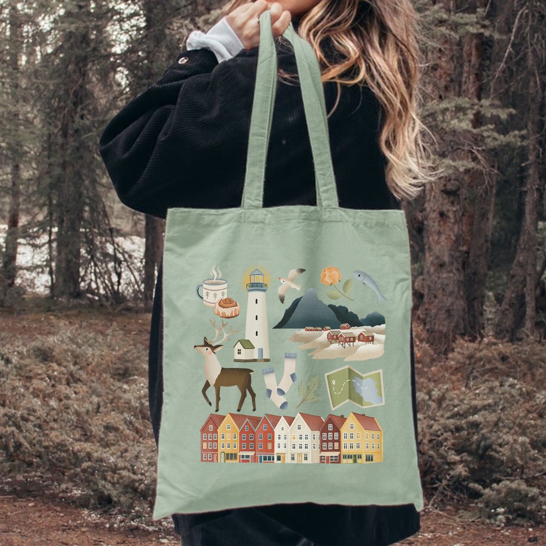 Stofftasche Norwegen Reise Lofoten – Jutebeutel Skandinavien Fjorde - Skandinavische Häuser