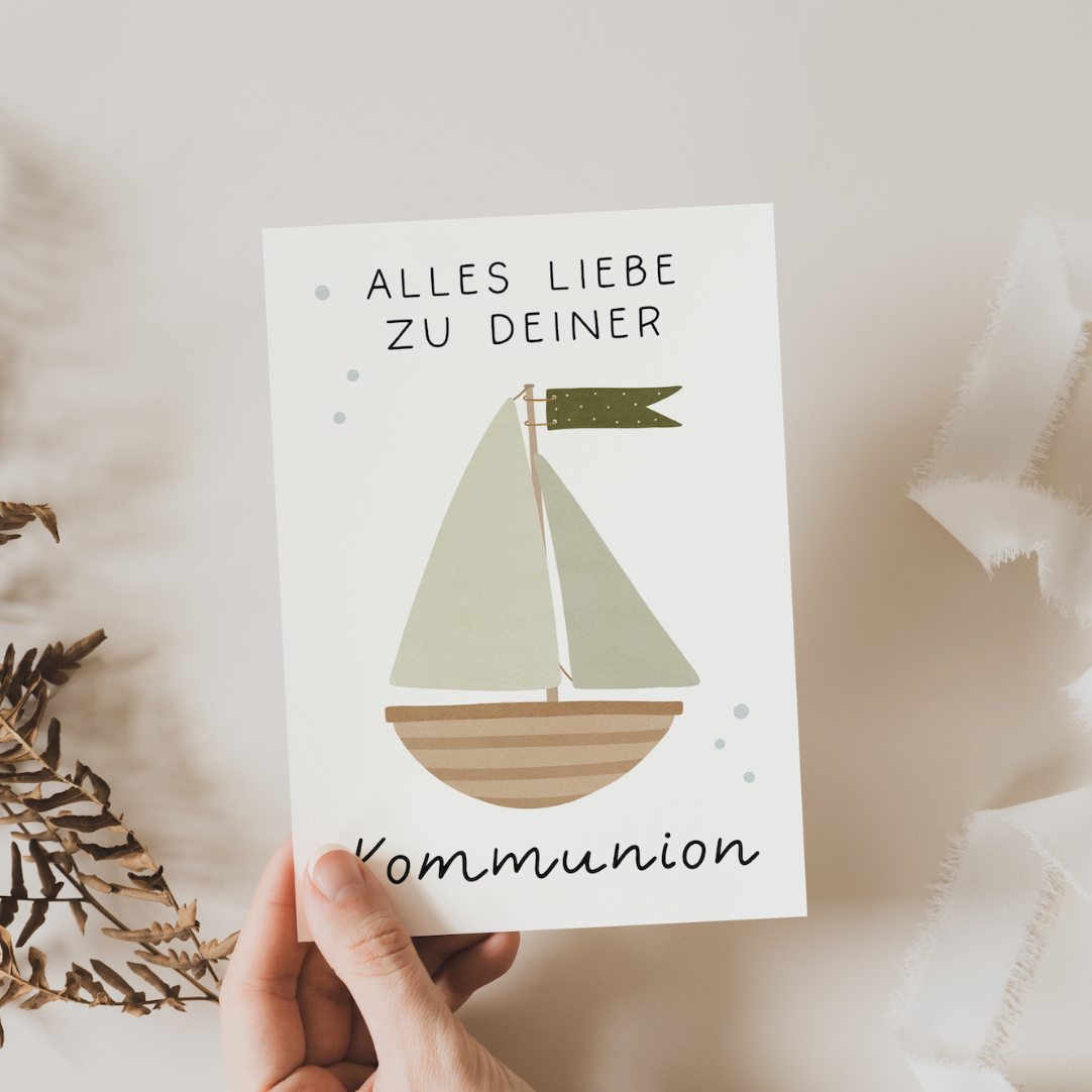 Postkarte Boot Kommunion mit Spruch - Kommunionskarte Schiff