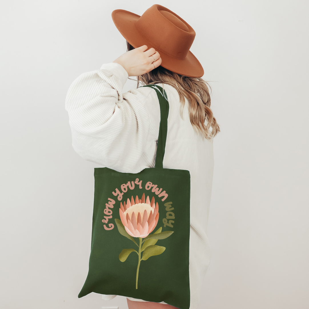 Stofftasche Protea "Grow your own way" Blume - Jutebeutel Tasche Pflanze Boho