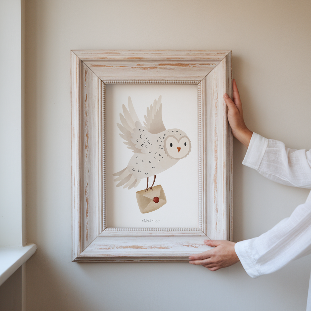 Poster Eule Schneeeule mit Brief Winter Kunstdruck - Lesen Geschenk weiße Eule Tiermotiv Vogel Magie