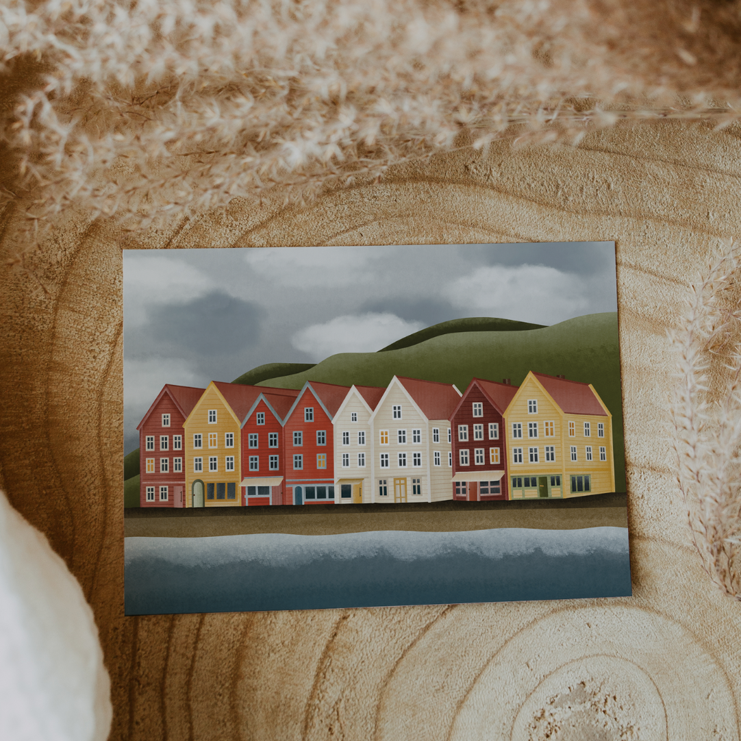 Postkarte Norwegen Häuser in Bergen Karte Reise - Postkarte Norwegischer Fjord Küstenstadt