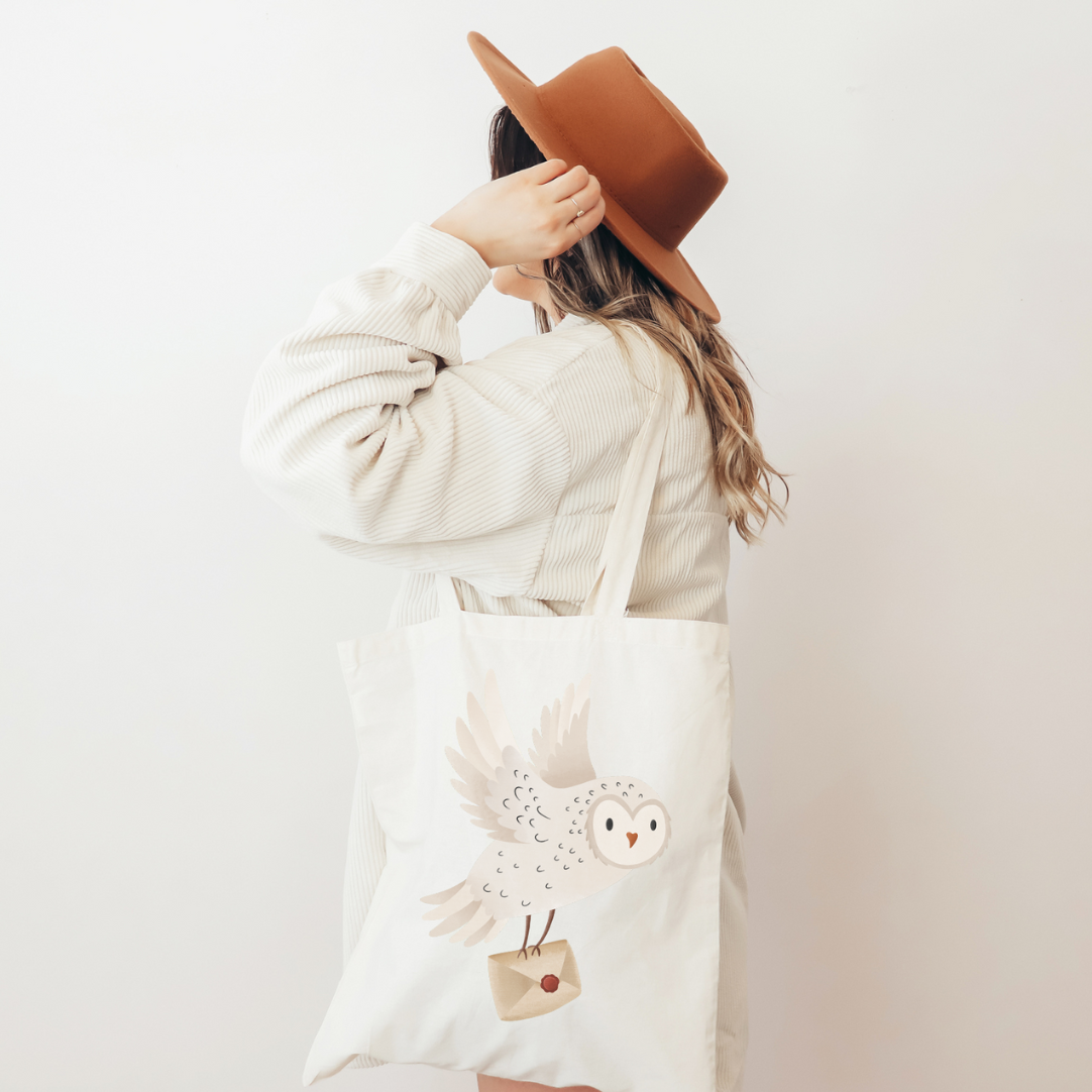 Stofftasche Eule Schneeeule mit Brief Jutebeutel Waldtiere - Bibliothektasche Geschenk Lesen Bücher
