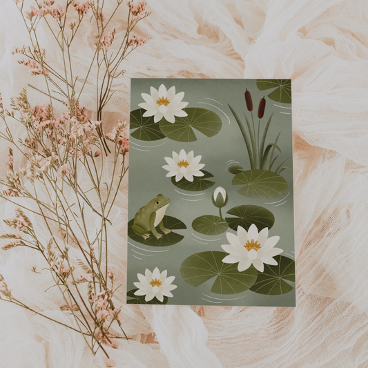 Postkarte Teich Seerosen Grußkarte Frosch - Postkarte Frühling Seerosenteich