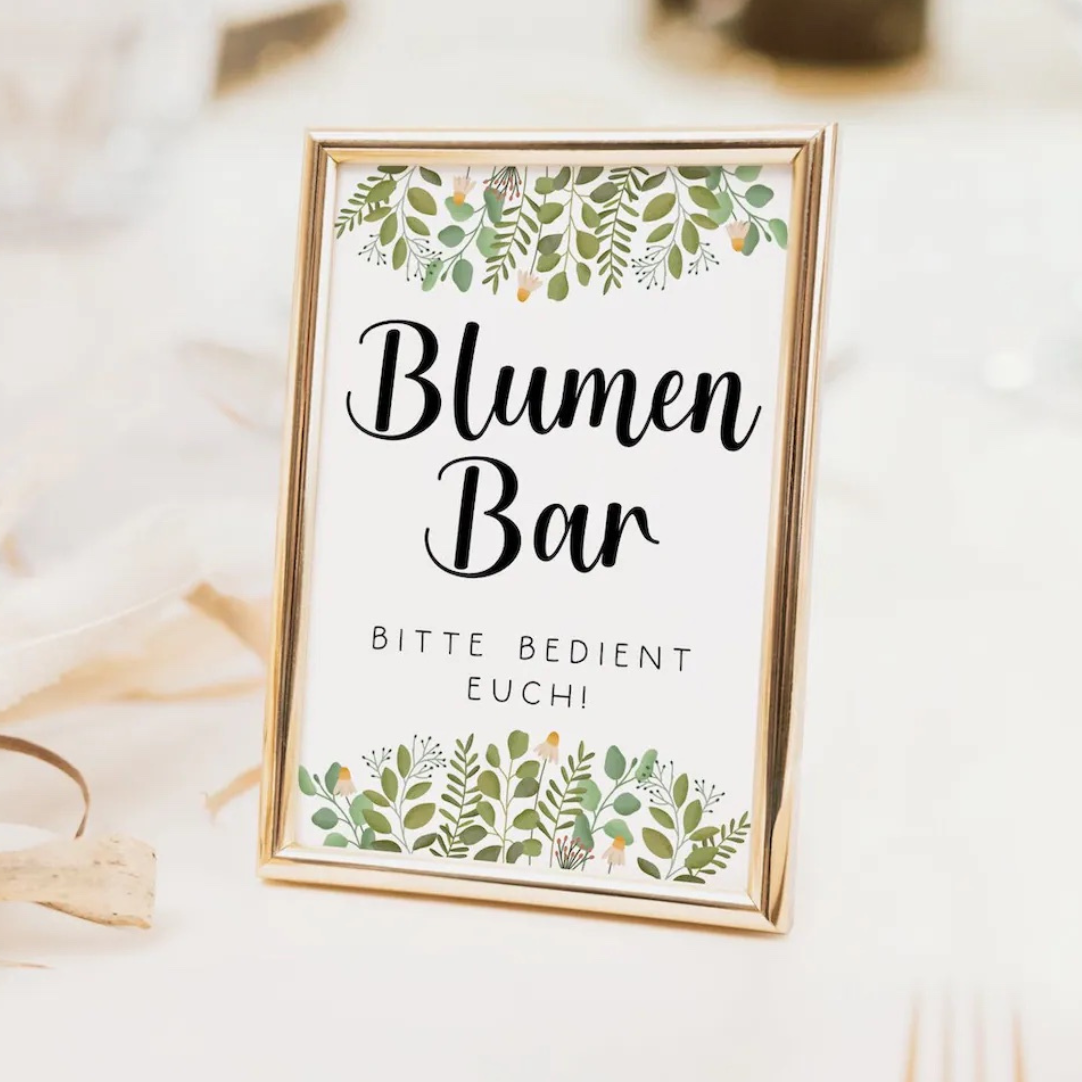 Schild Hochzeit Blumen Bar - Hochzeits-Fächer Deko Schild Blumenkranz