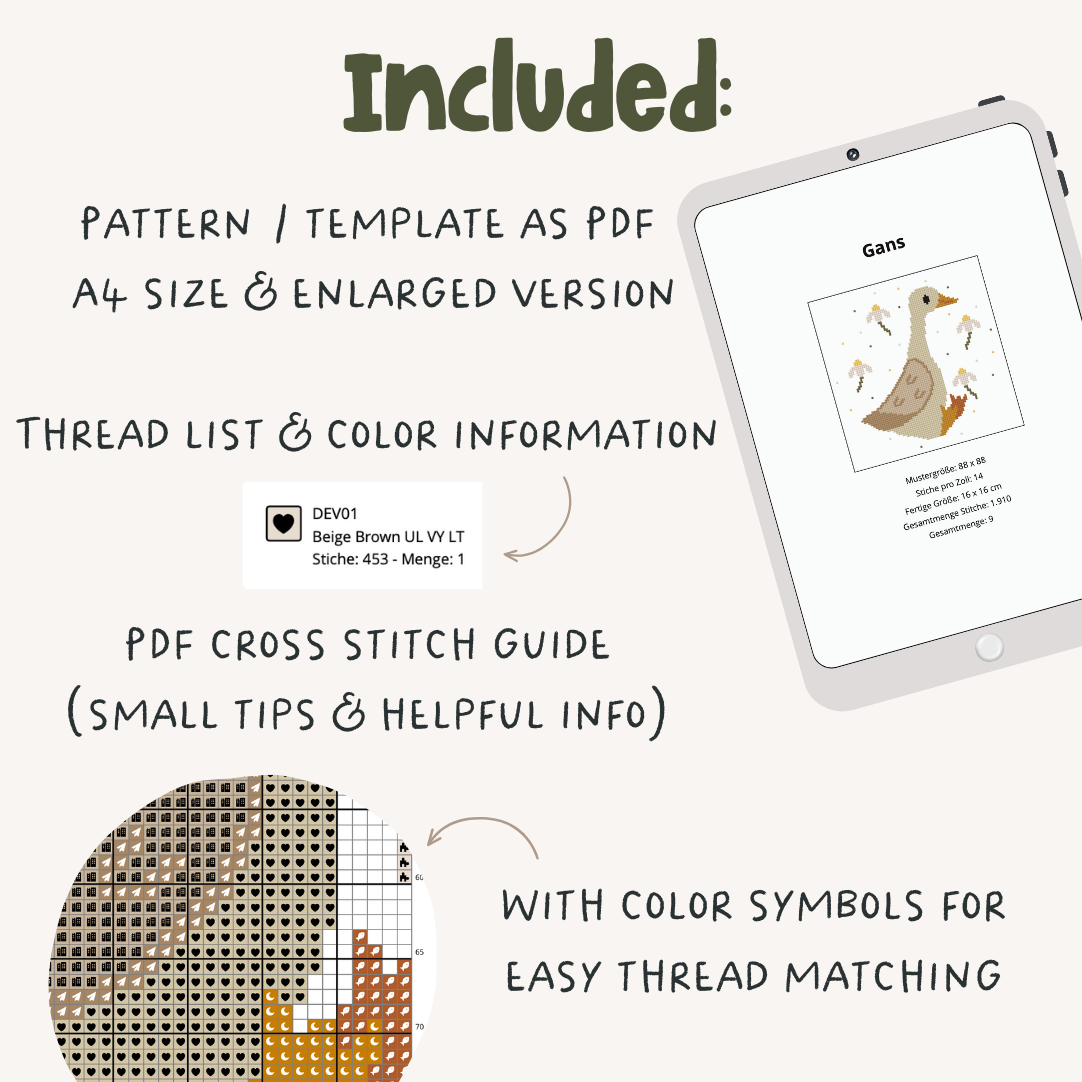 Gans Cross Stitch Pattern PDF - Frühling Blumen & Ente Kreuzstich-Vorlage DIY