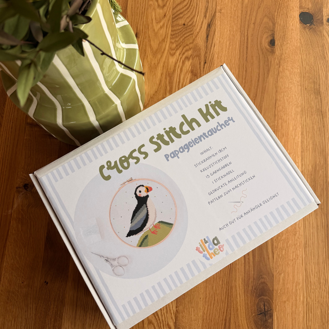 Cross Stitch Kit Papageientaucher Island - Kreuzstich Set Anfänger Stickset Vogel - DIY Handarbeit Geschenk - Puffin Stickerei