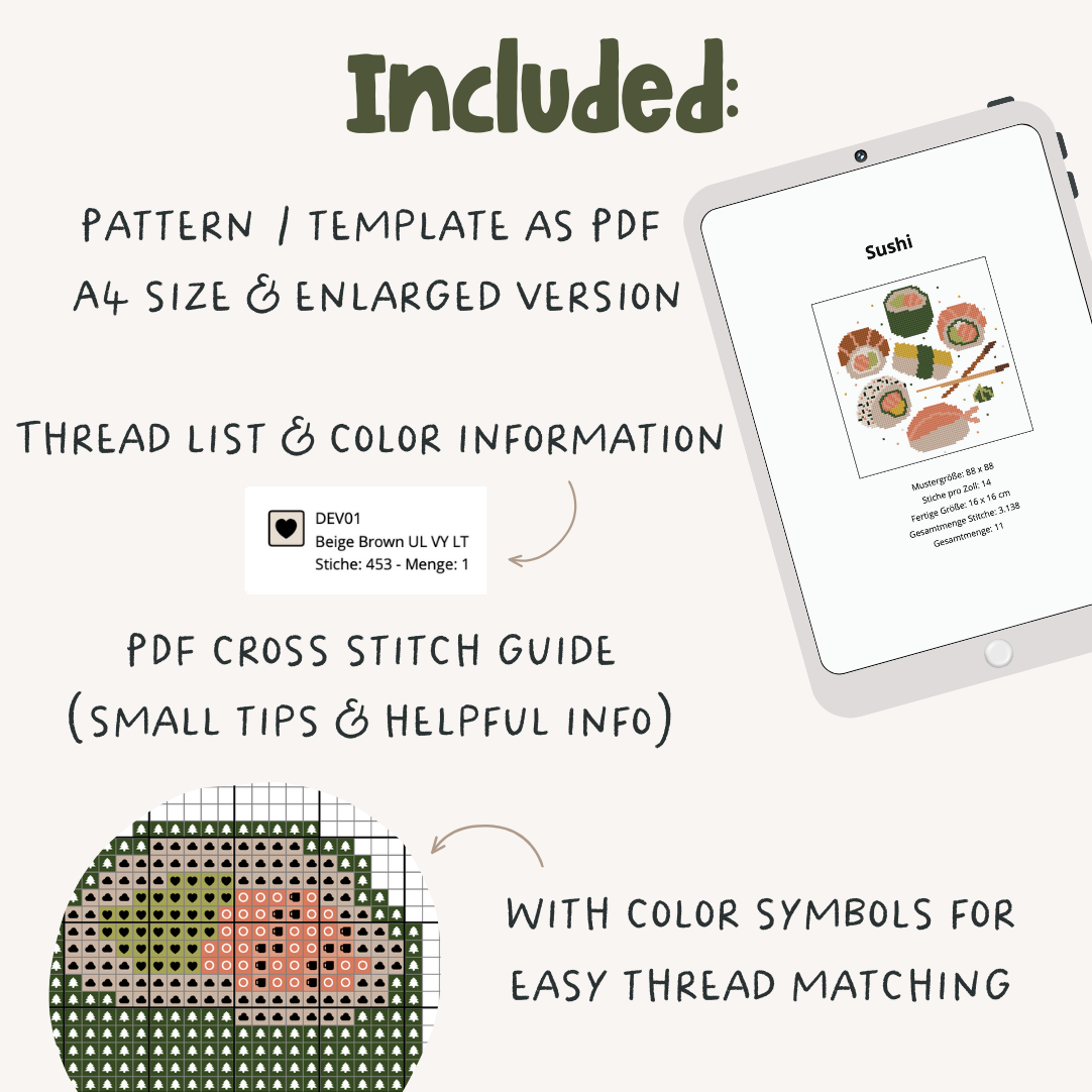 Sushi Cross Stitch Pattern PDF - Nigiri Sushi Kreuzstich-Vorlage Japan