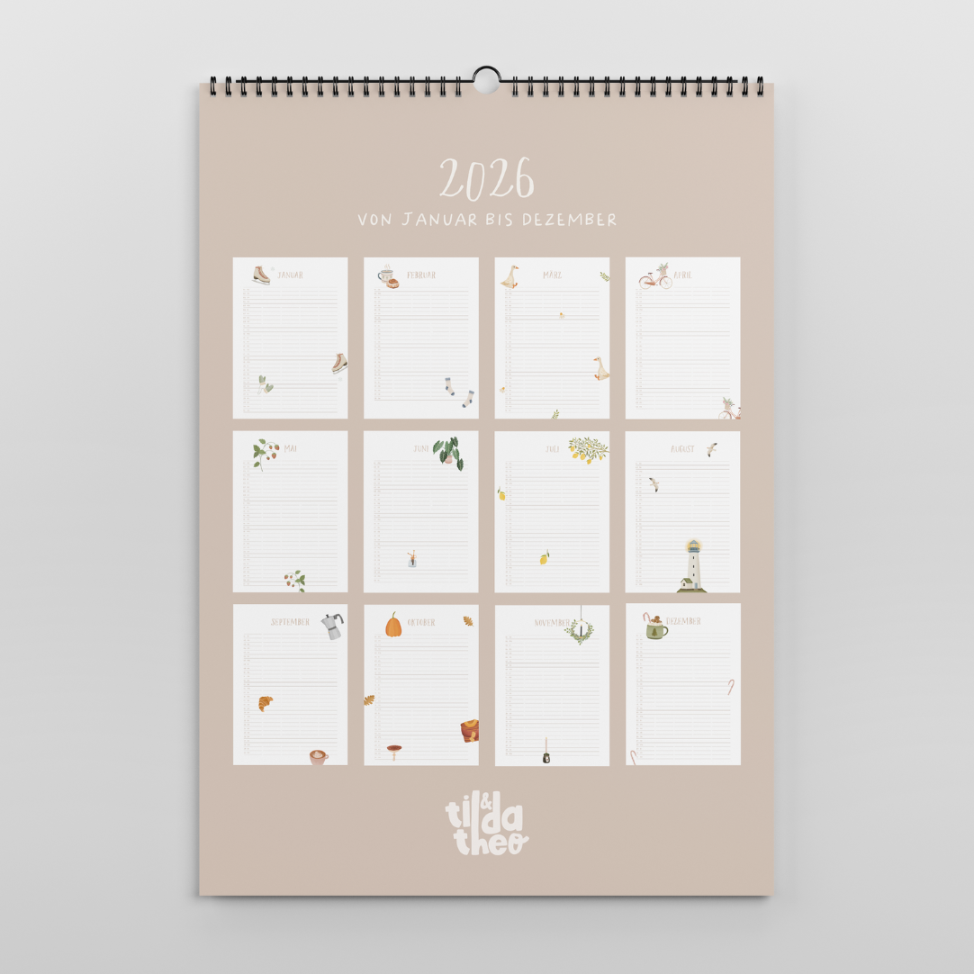 Familienkalender 2026 A3 Tilda&Theo - gemütliche Motive illustrierter Kalender mit 5 Spalten