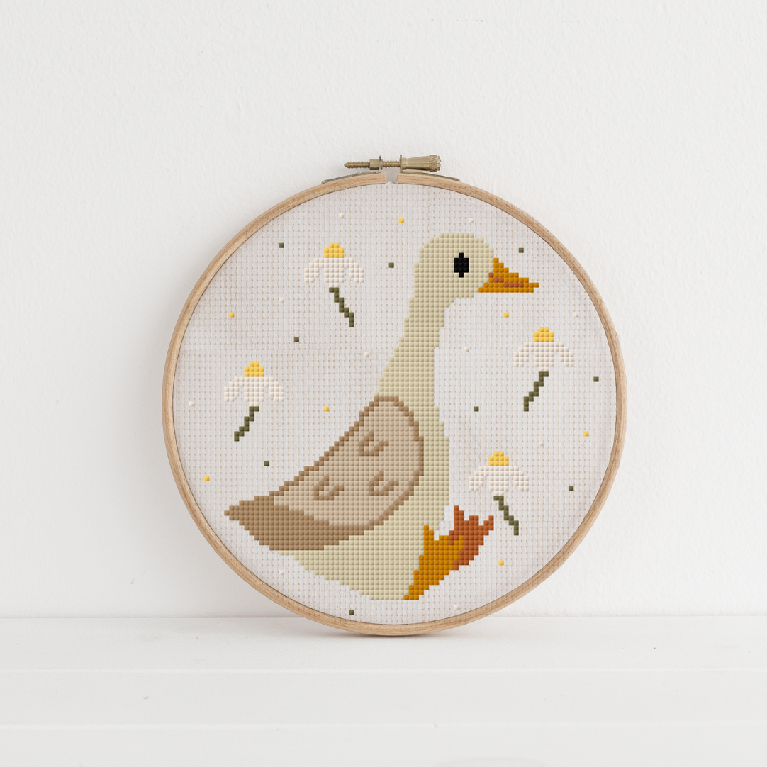 Gans Cross Stitch Pattern PDF - Frühling Blumen & Ente Kreuzstich-Vorlage DIY