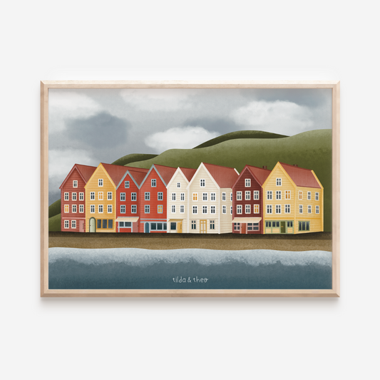 Poster Norwegen Häuser in Bergen - Kunstdruck Reise Hygge Häuserfront im Herbst Haus