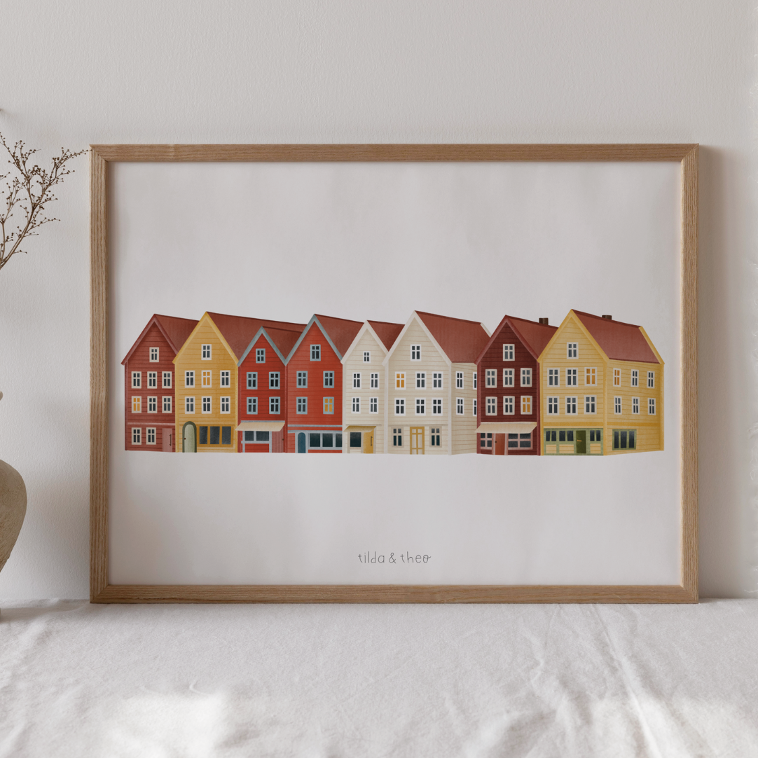Poster Norwegen Häuser in Bergen - bunte Häuserfront Reise Hygge Haus