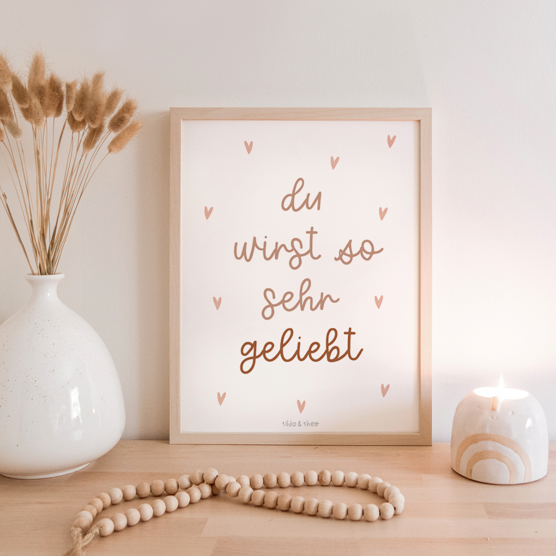 Poster Kinderzimmer "du wirst geliebt"  - rosa Babyzimmer Print - Kinderposter Liebe