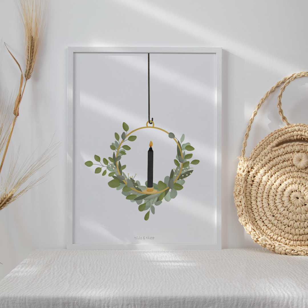 Poster Christmas eucalyptus wreath candle - art print door wreath