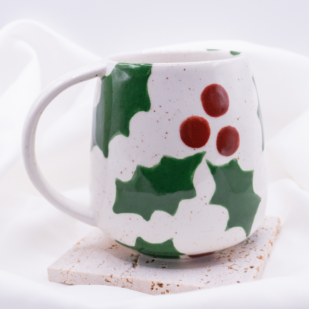 Tasse Weihnachtszweig Rote Beeren handbemalt - Weihnachten Mistelzweige Tasse