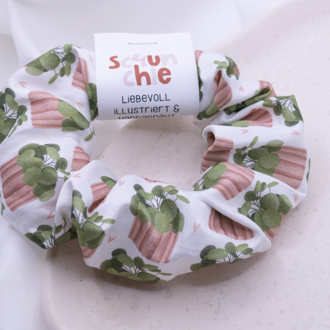 Scrunchie Pflanze Pilea Haargummi - illustrierter & handgenähter Haarband Zimmerpflanze