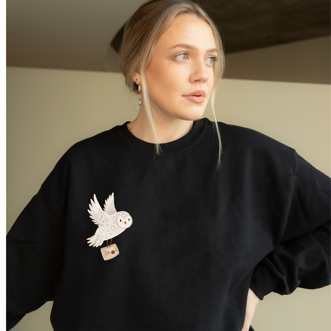 Pullover Schneeeule mit Brief - Waldtier Sweater Eule Geschenkidee Lesen Bücher
