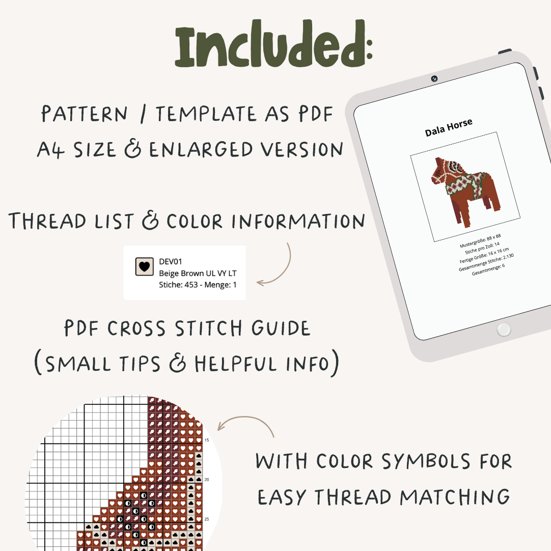 Dala Pferd Cross Stitch Pattern PDF - Schweden Kreuzstich-Vorlage Skandinavien DIY
