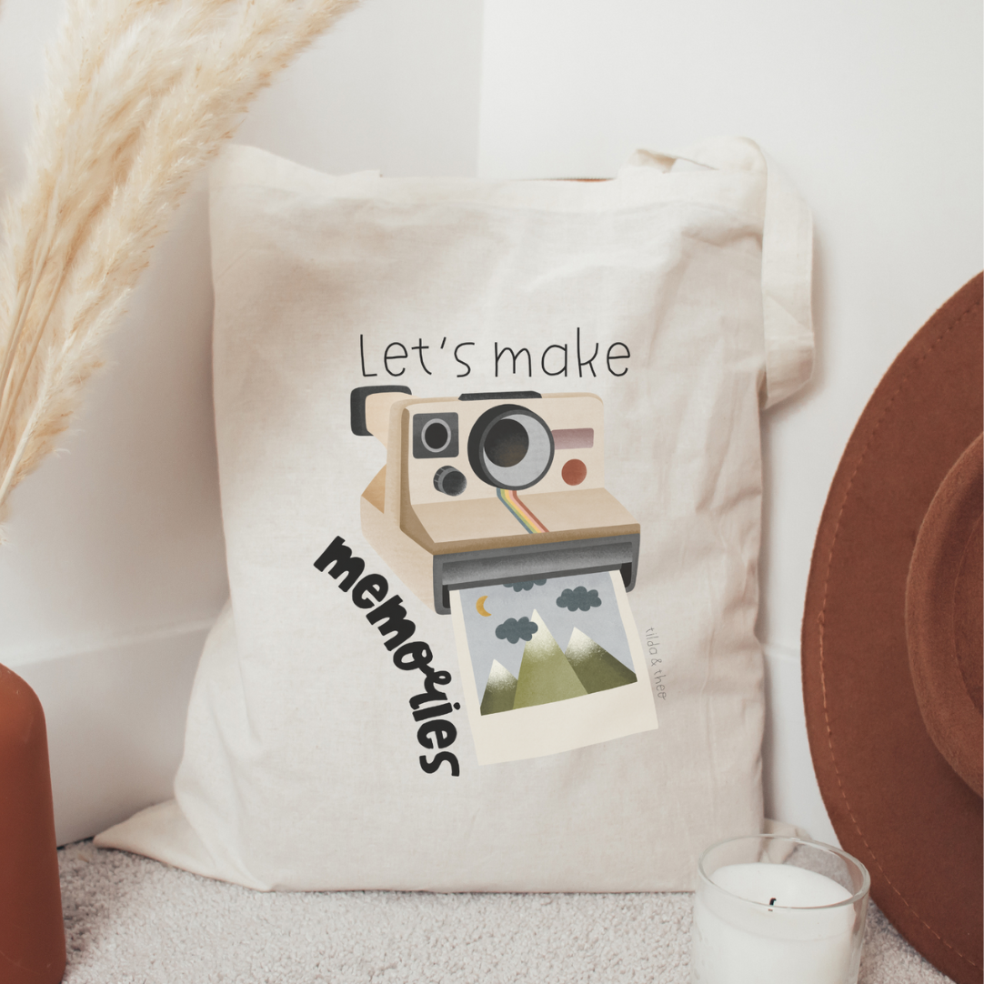 Stofftasche Abenteuer Polaroid "Let's make Memories" - Jutebeutel Reise