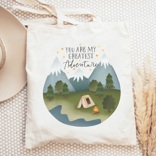 Stofftasche Reise Camping "You Are My Greatest Adventure" Zelt Berge – Geschenk Outdoor Paar Jutetasche