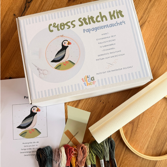 Cross Stitch Kit Papageientaucher Island - Kreuzstich Set Anfänger Stickset Vogel - DIY Handarbeit Geschenk - Puffin Stickerei