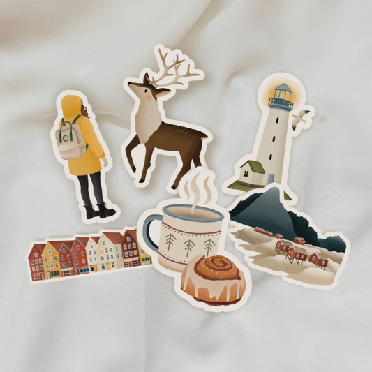 Vinyl Sticker Set Norwegen - 6 Aufkleber - Bergen Norwegen Fjorde rote Häuser Aufkleber - Skandinavien Aufkleber wasserdicht