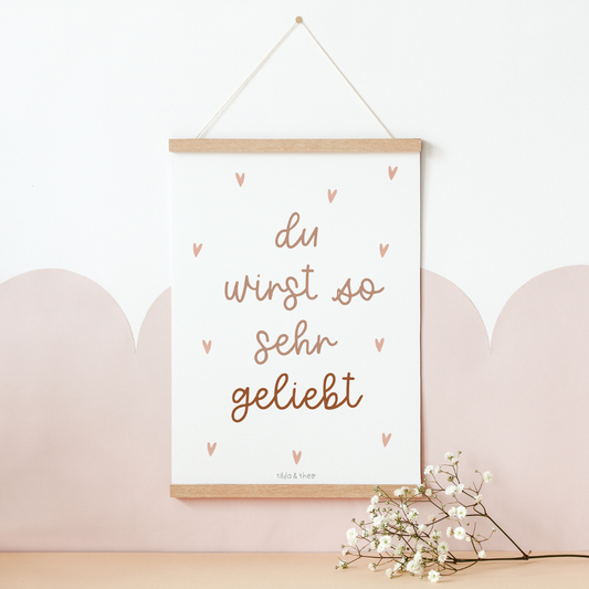 Poster Kinderzimmer "du wirst geliebt"  - rosa Babyzimmer Print - Kinderposter Liebe
