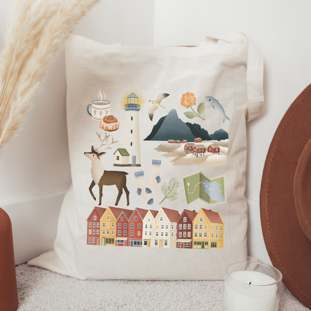 Stofftasche Norwegen Reise Lofoten – Jutebeutel Skandinavien Fjorde - Skandinavische Häuser