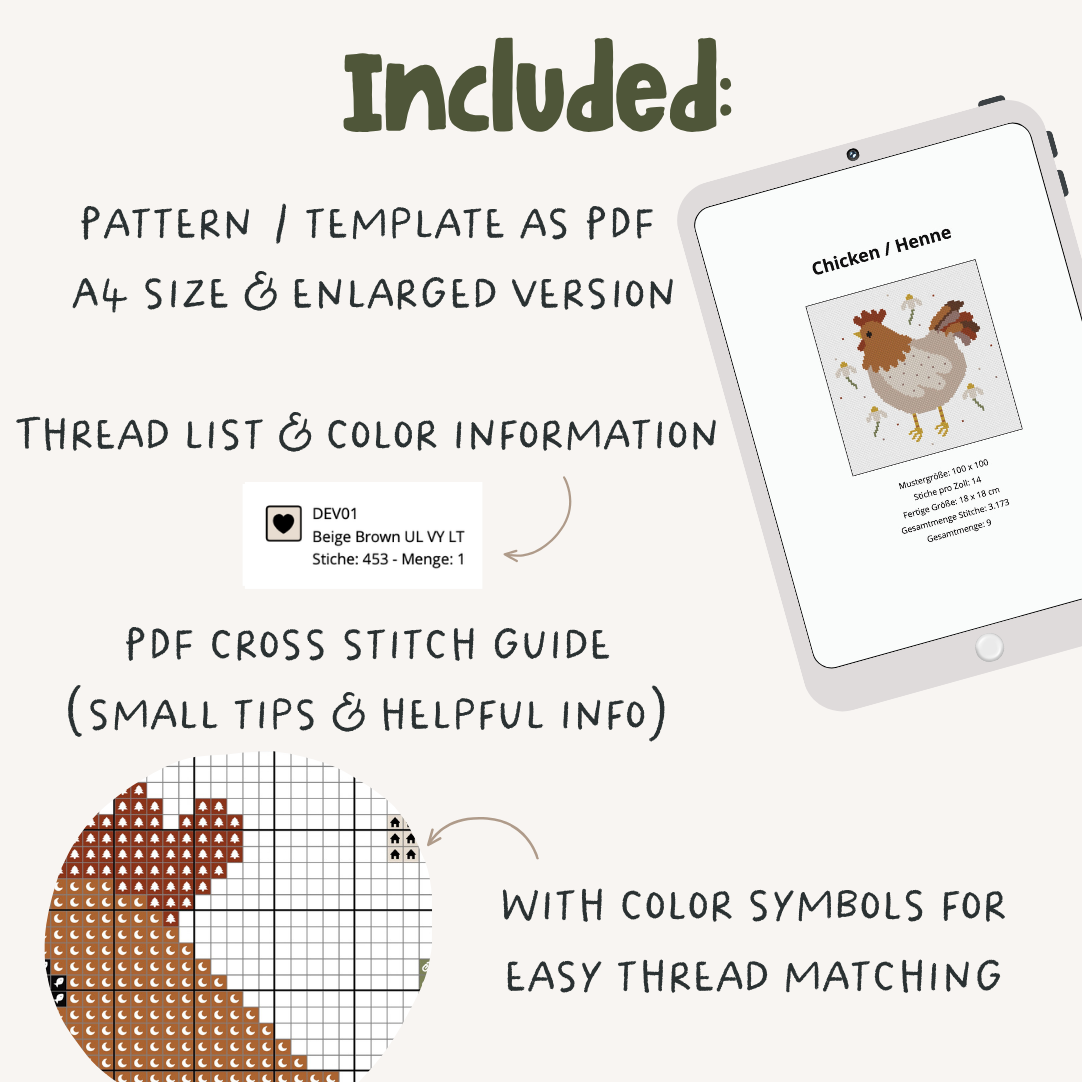 Huhn Cross Stitch Pattern PDF Henne - Ostern Blumen Hühner Kreuzstich-Vorlage DIY