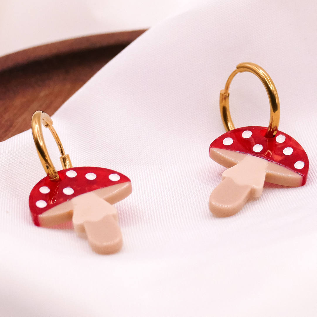 Ohrringe Pilz Fliegenpilz Creolen - 18k vergoldet Fliegenpilz Wald Pilze Anhänger - leichte Ohrringe Pilze rot - Geschenkidee Ohrringe