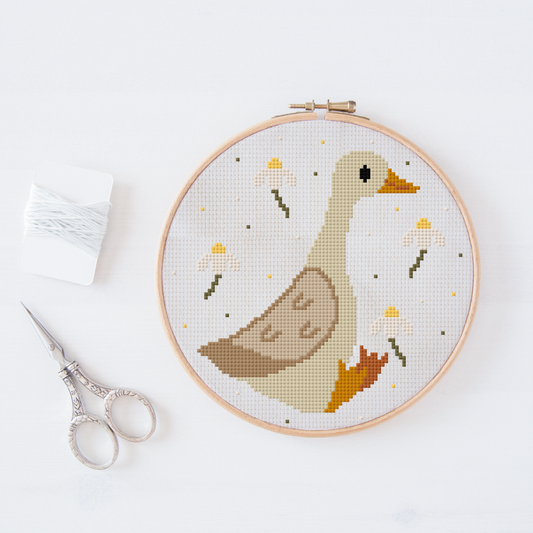Gans Cross Stitch Pattern PDF - Frühling Blumen & Ente Kreuzstich-Vorlage DIY