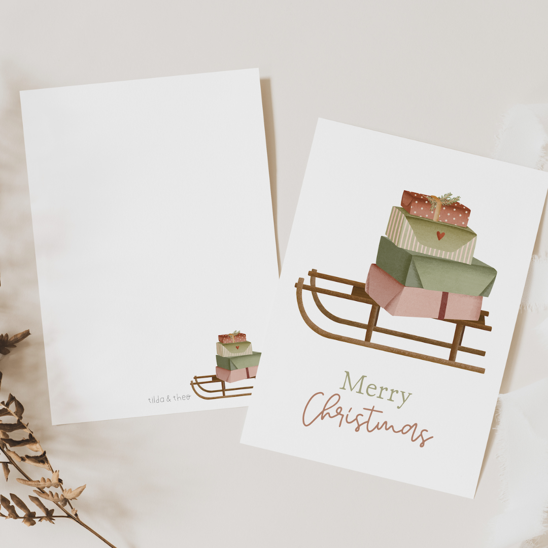 Weihnachtskarte Schlitten Geschenke - Postkarte Weihnachten Weihnachtsschlitten