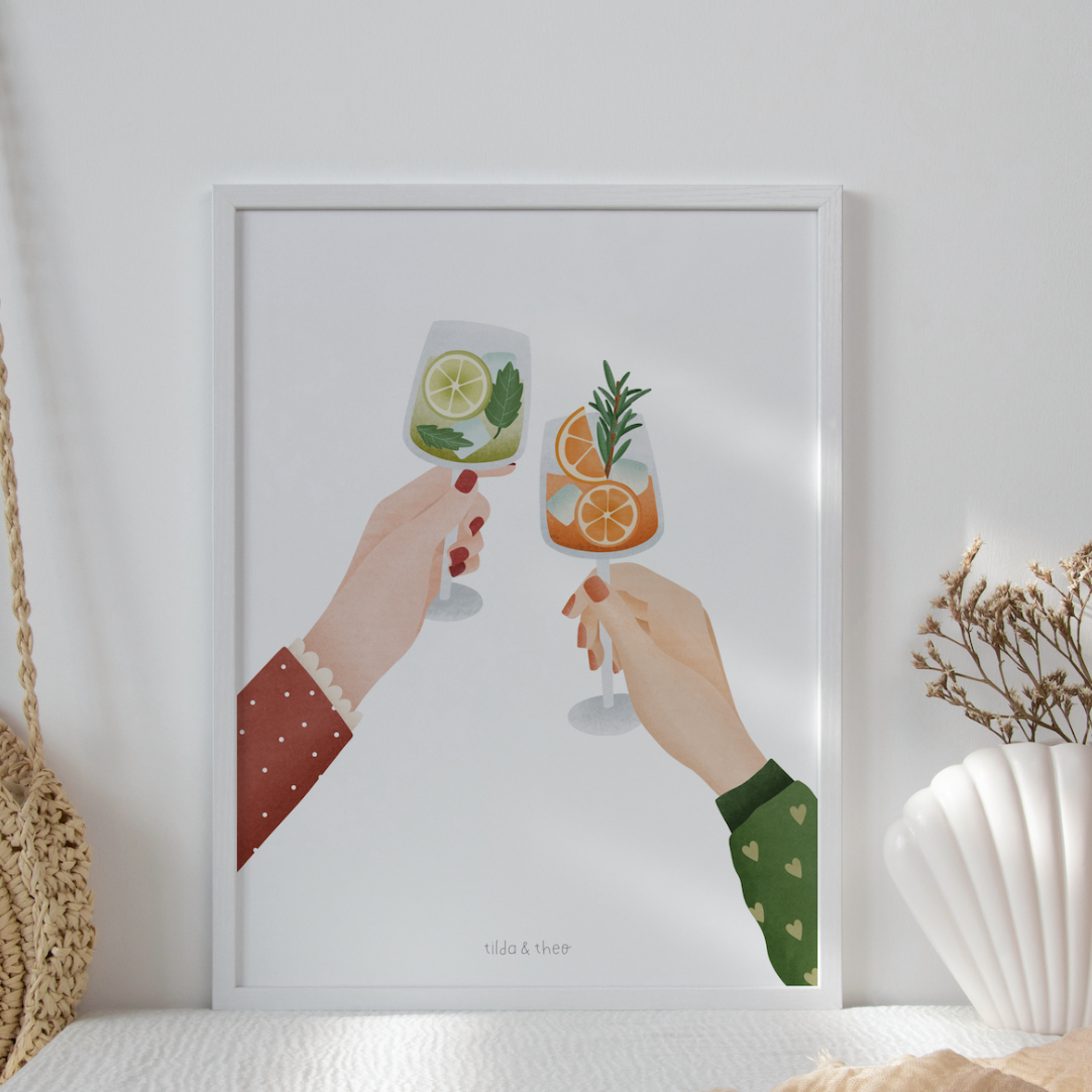 Poster Frauenhände mit cocktails - Aperol und Hugo poster anstoßen geschenk beste freundin