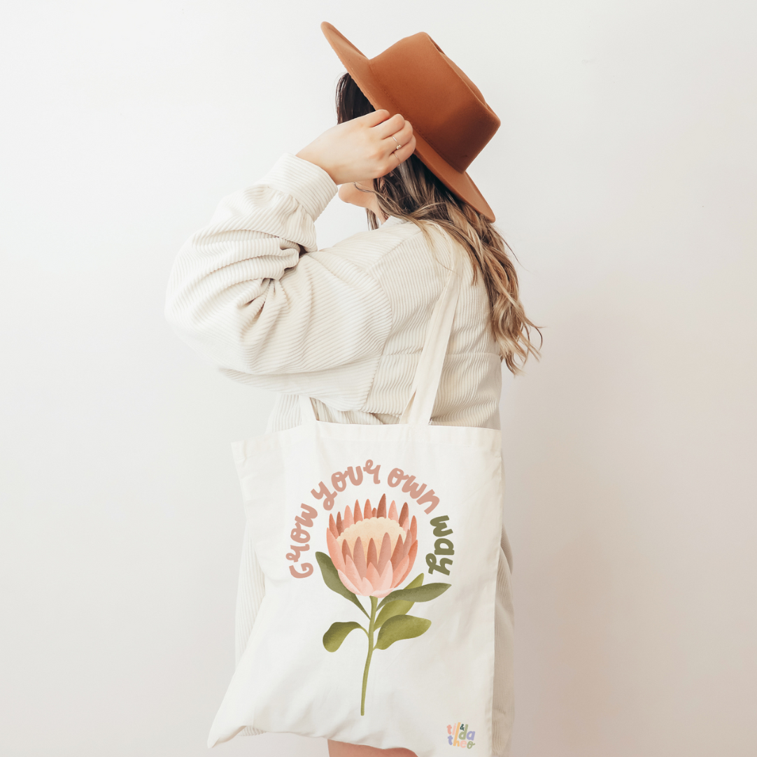 Stofftasche Protea "Grow your own way" Blume - Jutebeutel Tasche Pflanze Boho