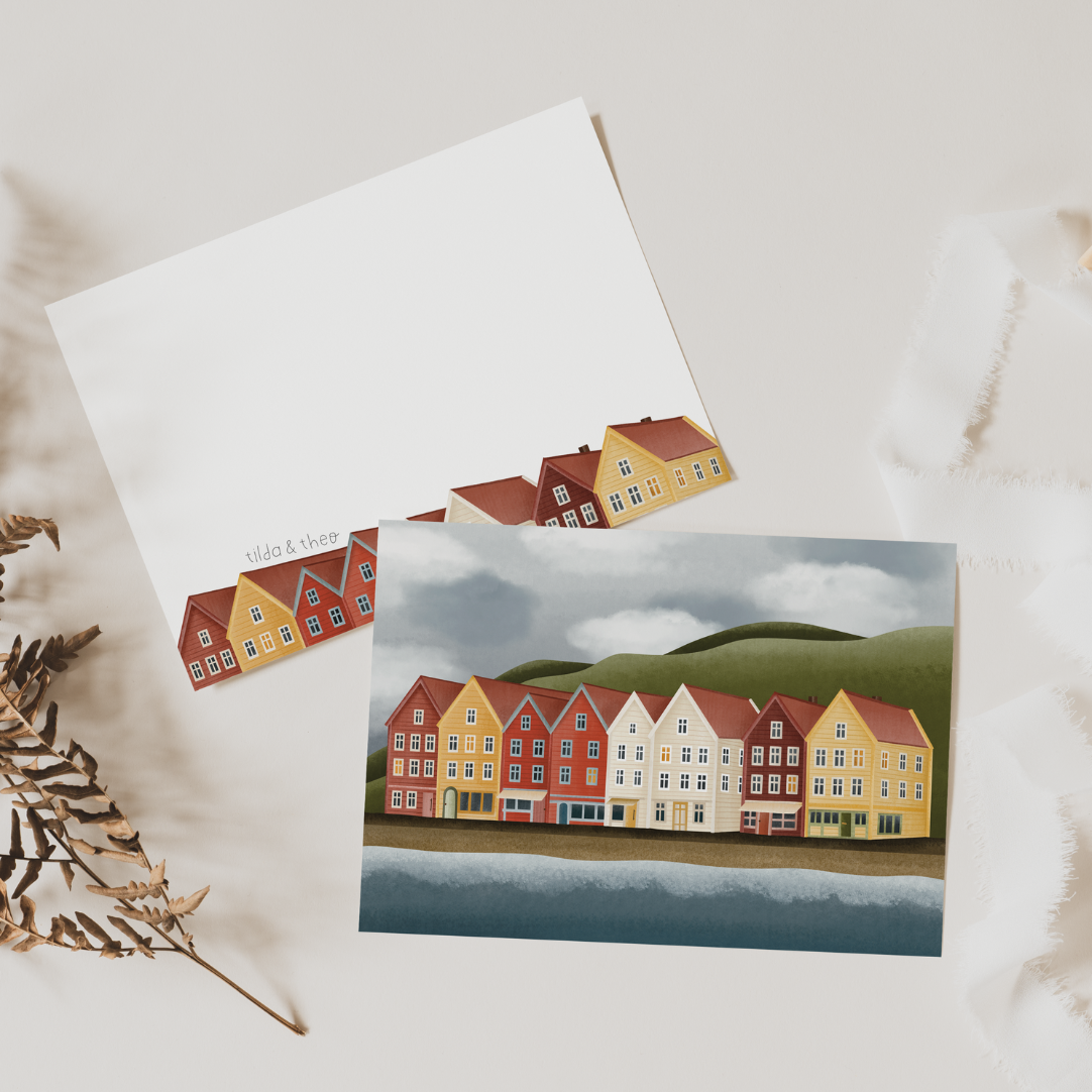 Postkarte Norwegen Häuser in Bergen Karte Reise - Postkarte Norwegischer Fjord Küstenstadt