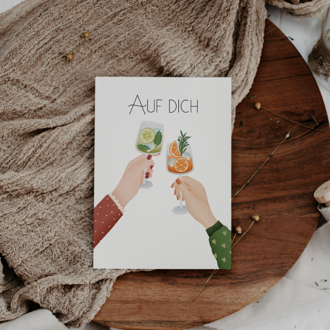 Postkarte Anstoßen "Auf Dich" Drinks Silvester - Postkarte Geburtstag Freundin