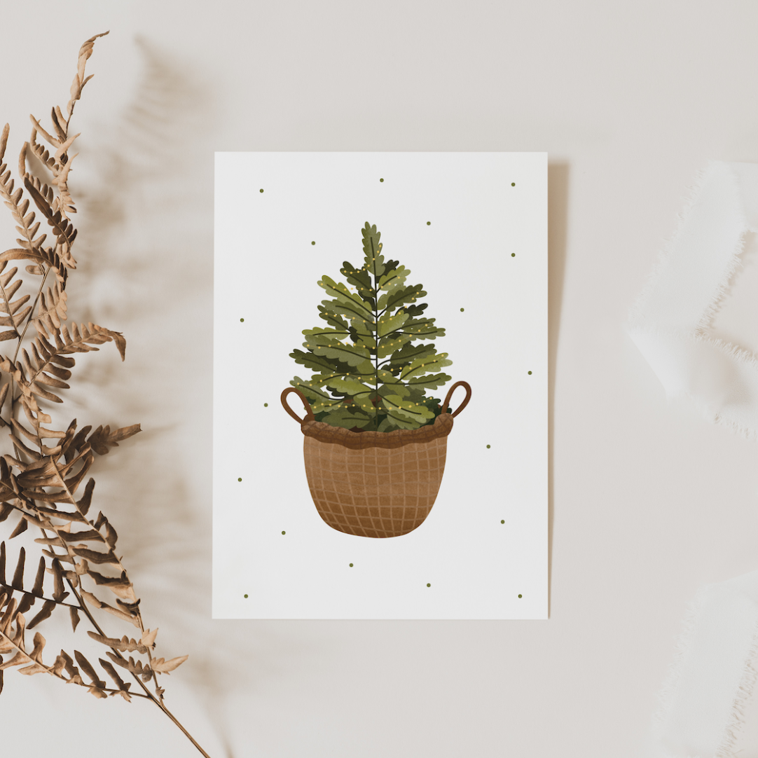 Weihnachtskarte Weihnachtsbaum im Korb - weihnachtliche Postkarte Tanne